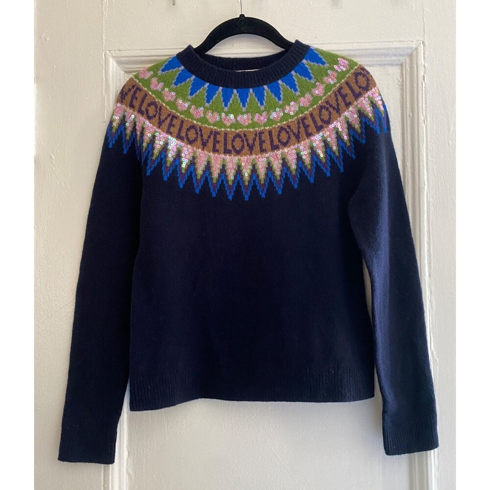 Brooks Brothers Red Fleece Sweater XS Merino Wool Fair Isle LOVE Motif Nordic